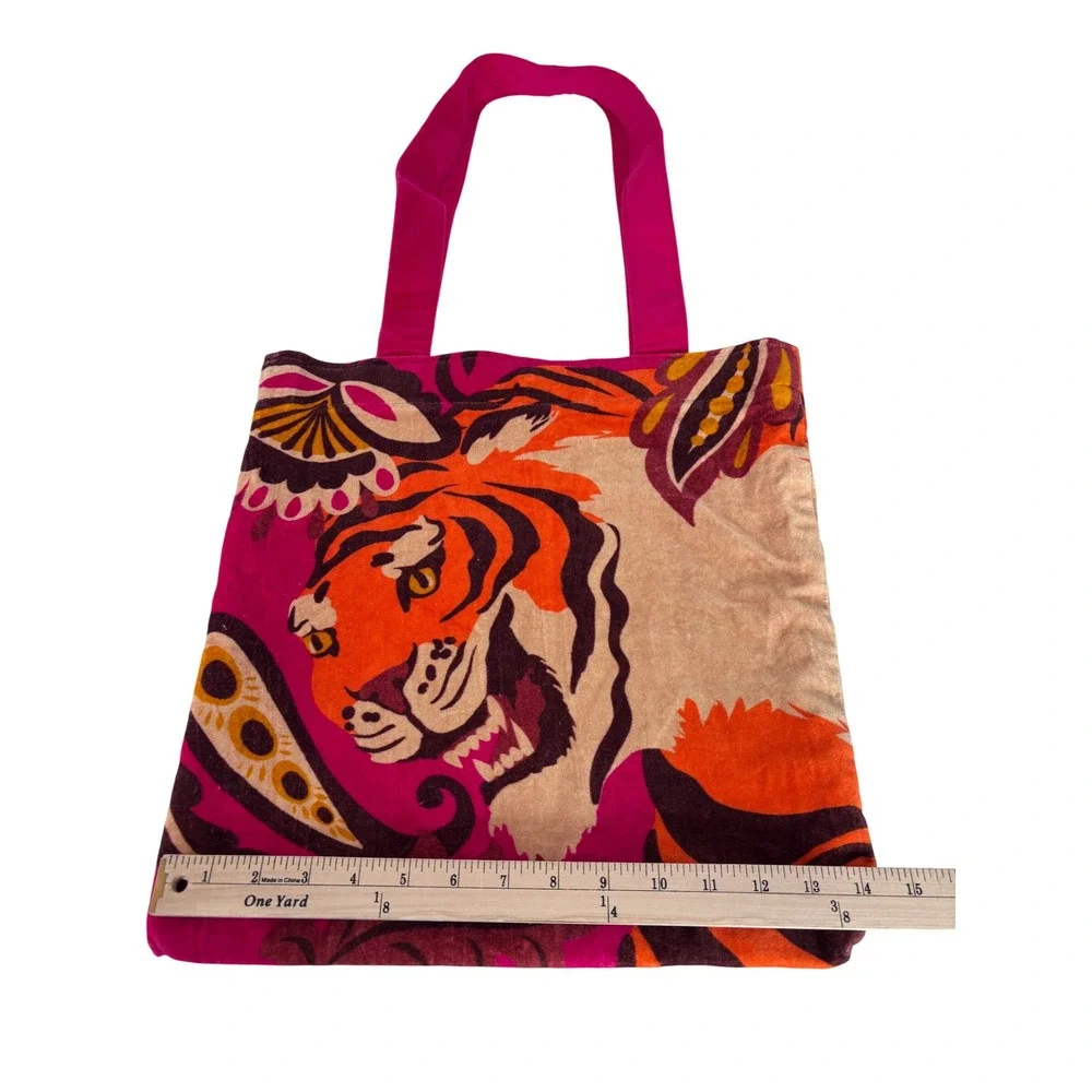 Roaring Tiger Powder Pink Velvet Paisley Tote Bag Cotton Fuchsia Orange Festive